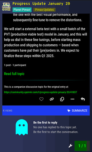 Image: The image is a screenshot from the OpenMR Community (XRTROPOLISONE), detailing a progress update on the Planet Pimax project's development, mentioning the upcoming beta test with a small batch of preorders and estimated final delivery by Q1 2025. (Captioned by AI) (864×1423 201 KB)