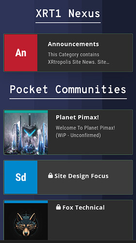 Image: The image is a screenshot of an XRT1 Nexus website interface featuring a "Site News" section titled "Announcements," a "Pocket Communities" section showcasing "Planet Pimax" with a virtual cityscape image and an "Unconfirmed" status note, and sections called "Site Design Focus" and "Fox Technical" with respective icons. (Captioned by AI) (863×1539 155 KB)