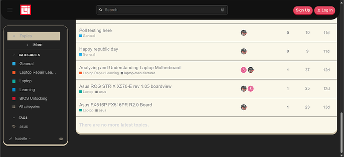 Image: The image displays a forum interface showing a list of topics related to laptop repair and motherboard analysis, with options to filter and sort the discussion. (Captioned by AI) (1918×877 83.4 KB)