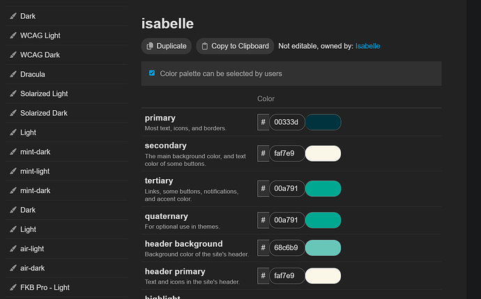 Image: The image displays a color palette selection interface for the Isabelle color theme, showcasing various color options categorized by primary, secondary, tertiary, quaternary, header background, and header primary. (Captioned by AI) (1341×835 67.9 KB)