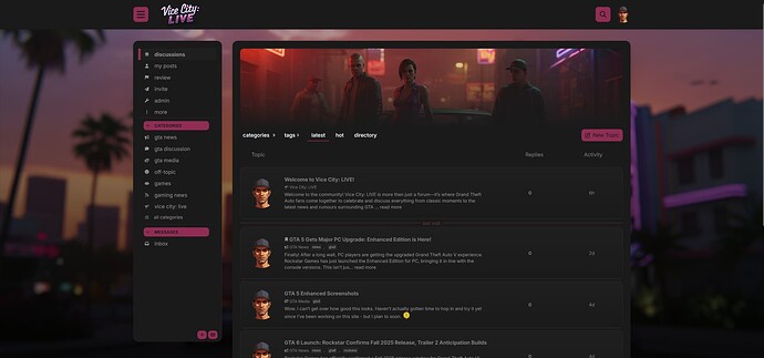 Image: The image shows a forum page titled "Welcome to Vice City LIVE!" with a post and several discussion topics related to GTA 5 updates, framed by a nighttime cityscape backdrop featuring characters from the game. (Captioned by AI) (1920×901 79.6 KB)