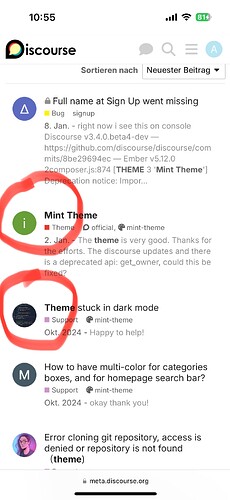 Image: The image displays a screenshot of Discord's feedback channel with several user posts about the Mint Theme, including a "Full name at Sign Up went missing" bug report and a "Theme stuck in dark mode" support request. (Beschriftet durch KI) (1179×2556 148 KB)
