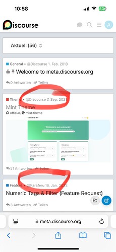 Image: The image shows a screen capture of the meta.discourse.org forum on a mobile device, highlighting forum activity and a thread about the "Mint Theme" with 51 replies and a thread about "Numeric Tags & Filter" with three replies. (Beschriftet durch KI) (1179×2556 126 KB)