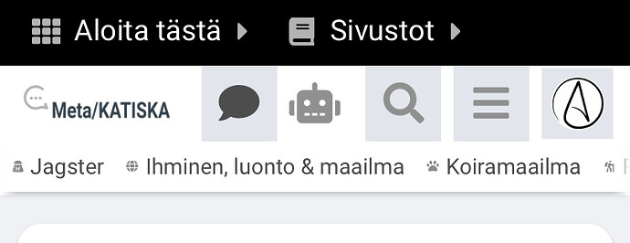 Image: This image shows a navigation bar or menu from a website or application interface, displaying various icons and labels such as "Aloita tästä" (which likely means "Start here" in Finnish), "Sivustot" (likely "Sites"), a search icon, and categories like "Ihminen, luonto & maailma" (possibly "Humans, Nature & World"). (Captioned by AI) (750×290 56.1 KB)