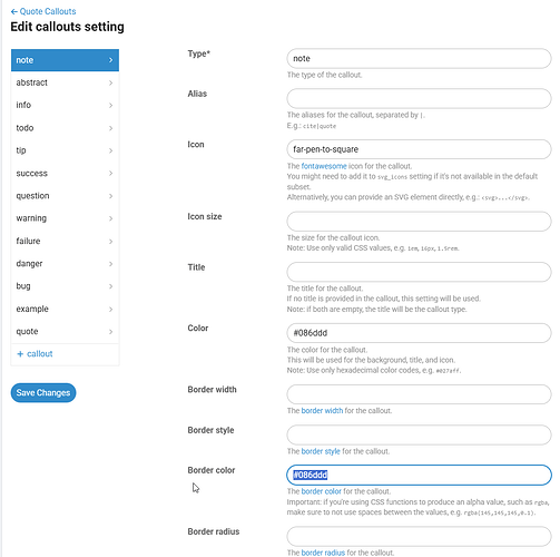 Image: The image is a configuration interface for editing callout settings, showcasing fields for Type, Alias, Icon, Icon size, Title, Color, Border width, Border style, and Border color, with options for adding a custom SVG icon and saving changes. (Captioned by AI) (1050×1043 75.6 KB)