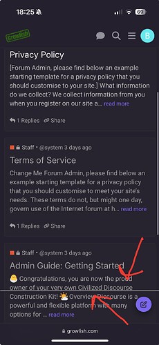 Image: The image shows a mobile app interface for Growlish, with an open forum thread highlighting discussions about a Privacy Policy and Terms of Service, including a highlighted section titled "Admin Guide: Getting Started". (Captioned by AI) (1179×2556 163 KB)