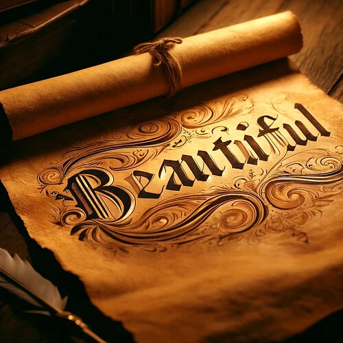 Image: A beautifully illustrated scroll stating "Beautiful" in elegant, decorative lettering lies on a wooden surface, evoking a vintage or timeless feel. (Captioned by AI) (1024×1024 112 KB)