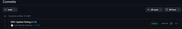Image: This image shows a GitHub commit log with one commit dated March 31, 2025, by user CvX, labeled "DEV: Update linting" with the branch name "main". (Captioned by AI) (1633×266 15.3 KB)