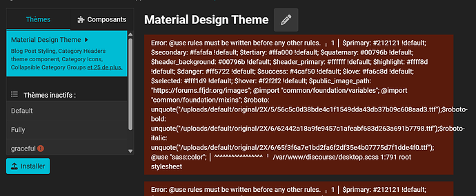 Image: The image shows a "Material Design Theme" sidebar with error messages indicating issues with stylesheet rules in a content management or blogging platform. (Captioned by AI) (1396×577 99.2 KB)